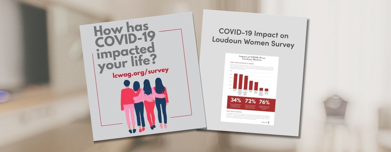 Graphic promoting a COVID-19 impact survey for women in Loudoun County, featuring an illustration of four women and a survey report cover from the Loudoun Coalition Women and Girls.