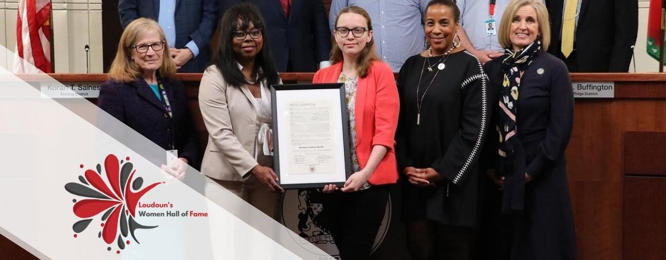 The image features members of the Loudoun Coalition Women and Girls, with the organization’s logo and the Loudoun Women’s Hall of Fame logo displayed in the foreground.
