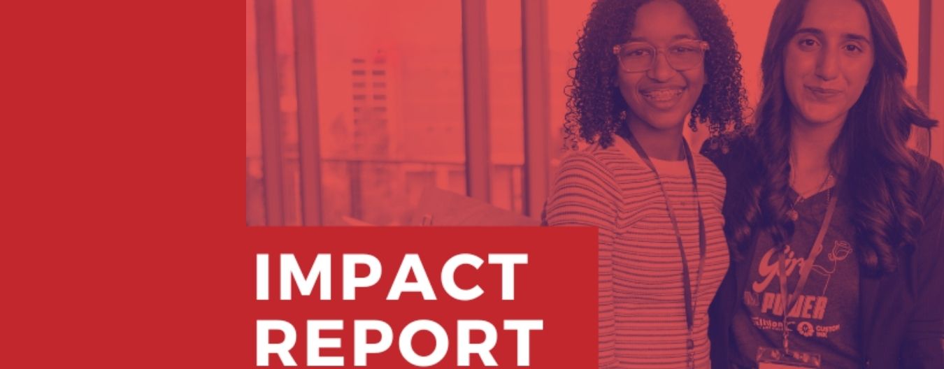 A poster with the text Impact Report with two women standing next to each other.